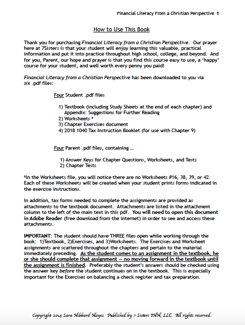 Excerpt from Financial Literacy Table of Contents
